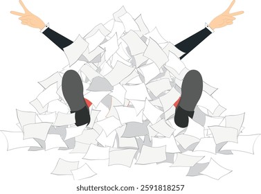 Bureaucracy will never die. 
File clerk under huge pile of papers showing victory gesture
