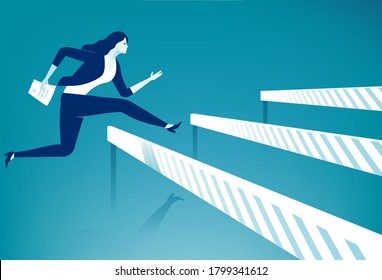 Bureaucracy. Woman Jumps Over Ascending Obstacles With Stamped Document. Vector Illustration