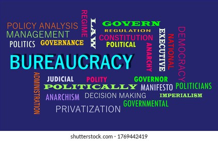 Bureaucracy word highlighted in aqua color with related terminology vector abstract on blue background. 