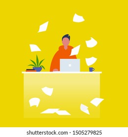 Bureaucracy at work. Young male character surrounded by scattered paper sheets. Documentation. Financial documents. Flat editable vector illustration, clip art