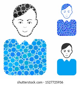 Bureaucrat composition of filled circles in various sizes and shades, based on bureaucrat icon. Vector filled circles are united into blue collage. Dotted bureaucrat icon in usual and blue versions.