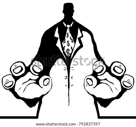Bureaucrat figure grab stencil black cartoon, vector illustration, vertical, isolated