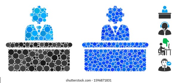 Bureaucrat mosaic of small circles in various sizes and color hues, based on bureaucrat icon. Vector small circles are combined into blue composition.