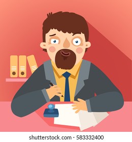 Bureaucrat with papers and stamp. Bureaucrat sitting at desk in office. Office worker with documents. Vector colorful illustration 