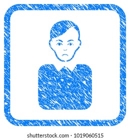 Bureaucrat rubber seal stamp imitation. Icon vector symbol with grunge design and corrosion texture inside rounded square frame. Scratched blue stamp imitation on a white background.