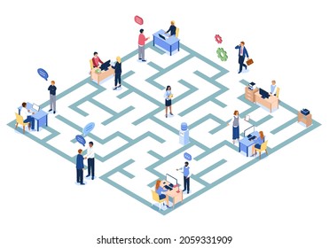 Bureaucratic maze. Labyrinth with working government officials. Bureaucracy paperwork riddle. Administrative barriers and problems. People searching way out of deadlocks. Vector concept
