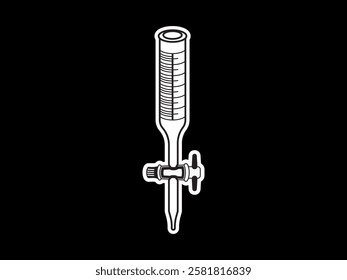 Burette icon illustration design, for measuring volume of liquid or gas, quantitative chemical analysis and titration experiments, black and white sticker style vector isolated on black background