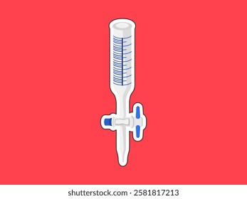 Burette icon illustration design, for measuring liquid or gas volume, quantitative chemical analysis and titration experiments, accurate volume reading, sticker style vector on red background