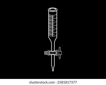 Burette icon illustration design, for measuring liquid or gas volume, quantitative chemical analysis and titration experiments, black and white style vector with white outline only on black background