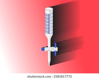 Burette icon illustration design, for measuring liquid or gas volume, quantitative chemical analysis and titration experiments, realistic vector with long shadow on red background and white light