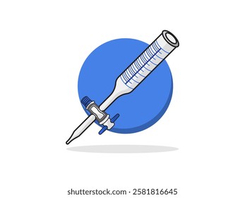 Burette icon illustration design, used to measure volume of liquid or gas, quantitative chemical analysis and titration experiments, realistic vector isolated white background and round shape