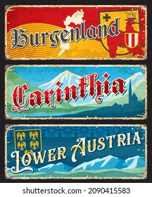 Burgenland, Carinthia, Lower austrian regions plates or stickers, vector tin signs. Austrian federal states or lands metal plates with maps, crest or emblems and city mountains or landmark symbols