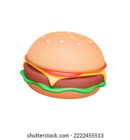 Burger 3d icon. Hamburger, cheeseburger. Cutlet, buns, vegetables. beef cutlet placed between a cut bun. Isolated object on transparent background