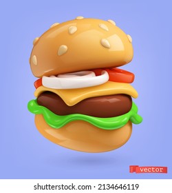 Burger 3d Realistic Render Vector Icon.