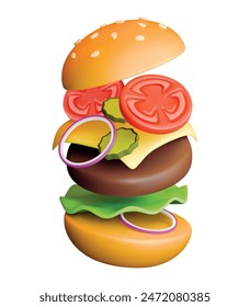 Burger 3d render vector illustration. Realistic hamburger icon