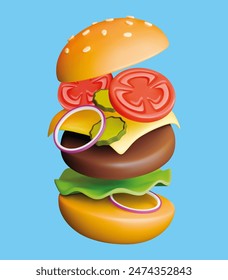 Burger 3d render vector illustration. Realistic hamburger icon. Fly ingredients	