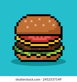 Burger in 8 bit pixel art. Burger pixel in vector.