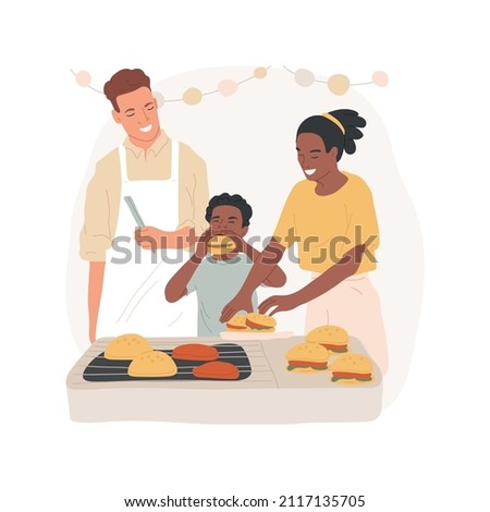 Burger abstract concept vector illustration. Family bbq, preparing hamburger, leisure time, home burger recipe, family grilling meat together, fire grill outdoors at a backyard abstract metaphor.