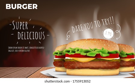Burger ads. Burger on the table and dark background