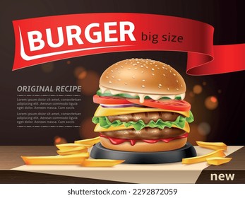 Burger ads. Realistic fast food, tasty hamburger advertising banner, sesame bun, grilled cutlets, cheese and fresh vegetables, delicious cheeseburger, banner or menu utter vector concept