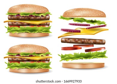 Anuncios de hamburguesa para su diseño, deliciosa vista lateral de la mofa hamburguesa. Jumping Burger Realista con ingredientes refrescantes. Ilustración del vector 3d