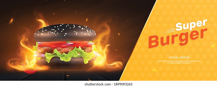 Burger advertising composition with realistic image of black bun burger in burning flame with editable text vector illustration