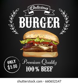 Burger advertising poster design with hand drawn graphic elements on the chalkboard background. Hamburger vector illustration.