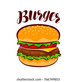 Burger, American fast food. Element for design menu restaurant or cafe. Cartoon vector illustration