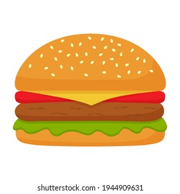 Burger american. Hamburger or cheeseburger with lettuce, tomato, cheese, beef and sauce isolated on white background. Fast food meal. Vector illustration