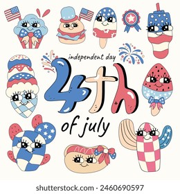burger American, ice-cream ., cupcake, retro 4th of July, groovy retro 4th of July, groovy, 4th of July day , independence Day, 90s Groovy 4th of July retro clipart,. ' 70's retro American t-shirt 