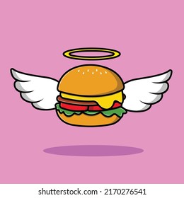 Burger Angel With Wing Cartoon Vector Icon Illustration. Food Icon Concept Isolated Premium Vector.