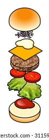 Burger assembly: a beef cheese burger with onion, mayonnaise, tomato, lettuce and tomato ketchup.
