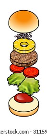 Burger assembly: a beef burger with pineapple, onion, tomato, lettuce and tomato ketchup.