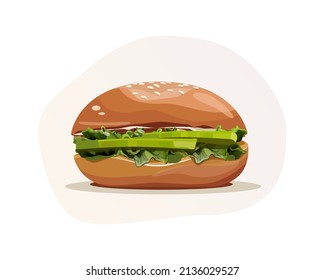 Burger With Avocado. Vegetarian Burger Illustration. Hamburger With Lettuce And Avocado. Vegetarian Bun