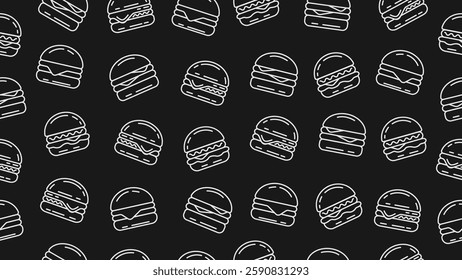 Burger background. Black and white doodle hamburger seamless pattern on black background