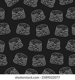 Burger background. Cheeseburger seamless pattern on black board. Hand drawn sketch hamburger motif