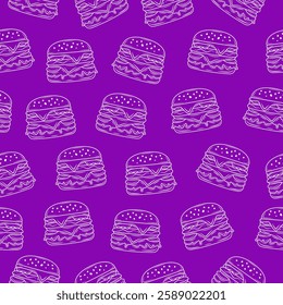 Burger background. Cheeseburger seamless pattern on purple shape. Hand drawn sketch hamburger motif