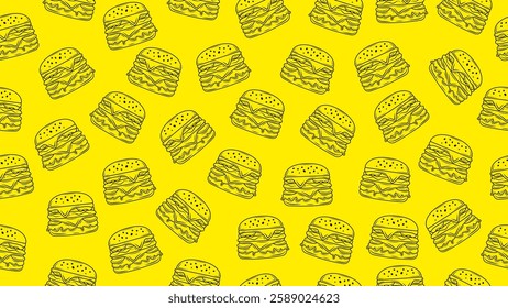 Burger background. Hand drawn cheeseburger seamless pattern. Hamburger motif, packaging, wrapper, wallpaper