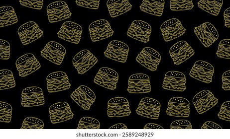 Burger background. Hand drawn cheeseburger seamless pattern. Hamburger motif on black board