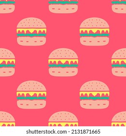 Burger background seamless pattern, illustration for t-shirt, sticker, or apparel merchandise. With doodle, retro, and cartoon style.