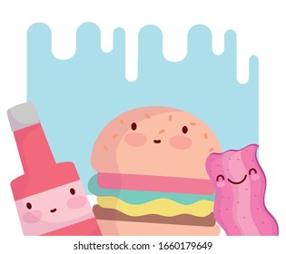 beicon de hamburguesa y salsa menú de botellas caricatura comida linda ilustración vectorial
