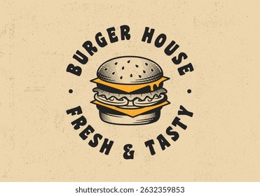 Burger badge, label, logo. Vintage cafe logo, emblem with grunge texture. Vintage design for cafe branding and restaurant menu. Vector illustration