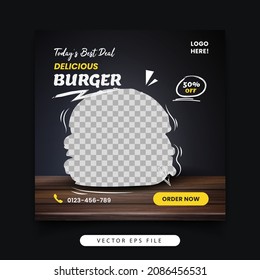 Burger Banner Sale For Social Media Post Template , Black Background With Realistic Wood Design.