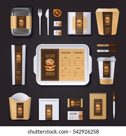 Burger bar corporate identity of packaging stationery and business cards on black background isolated vector illustration   