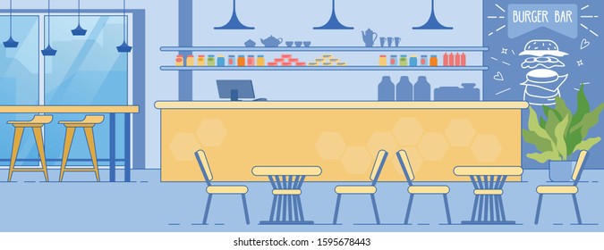 Burger Bar Interior. Empty Cafe Room with Counter, Tables, Chairs, Window Vector Illustration. Food Court. Cheeseburger, Hamburger, Sandwich Preparation Business. Take Away Fastfood Service