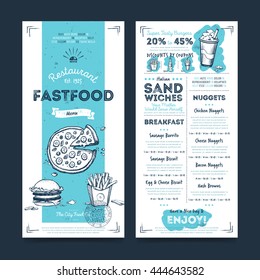 Burger bar menu. Fastfood sketch collection for cafe or restaurant design. Hand drawn street food festival menu. Cover burger bar, bistro, pizzeria menu vector illustration. Pamphlet brochure template