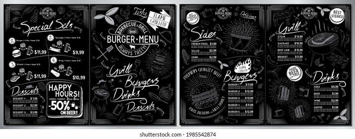 Burger bar menu template - A3 to A4 size (sides, burgers, grill, drinks, sets) - vector illustration