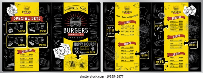 Burger bar menu template - A3 to A4 size (sides, wraps, burgers, soups, drinks, sets) - vector illustration