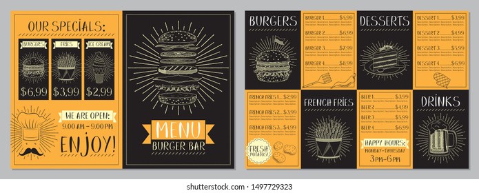 Burger bar menu template - A4 card (burgers, french fries, desserts, drinks)