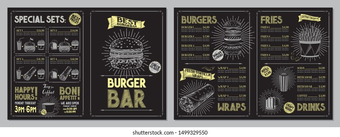 Burger bar menu template - A4 card (burgers, wraps, french fries, drinks, sets)